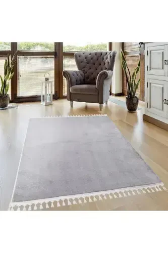 Vl Comfort Pompon Fringed Plush Carpet Light Gray-Light Gray Pompon Fringe - 6