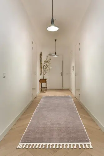 Vl Comfort Ponpon Saçaklı Peluş Düz Yolluk Kahverengi - Kahverengi Ponpon Saçak 