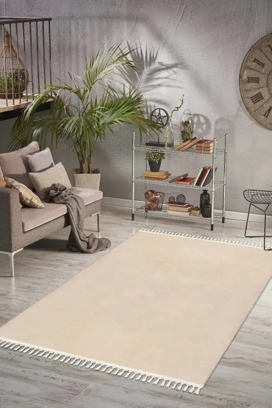 Vl Comfort Ponpon Sochli Peluş Gilam Bej-Bej Ponpon Sochak - VALERY HOME