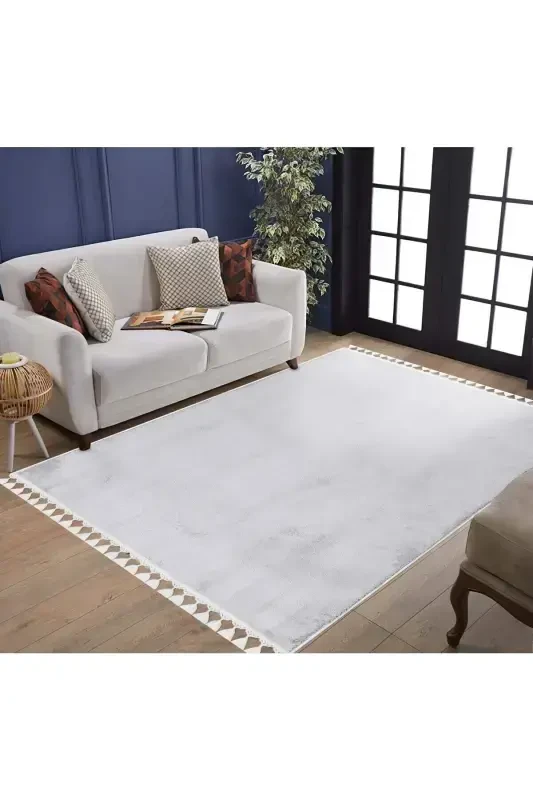 Vl Comfort Ponpon Sochli Peluş Gilam Ochiq Kulrang-Ochiq Kulrang Ponpon Sochak - 5