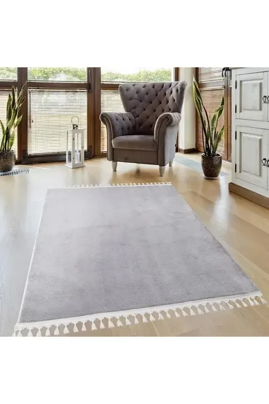 Vl Comfort Ponpon Sochli Peluş Gilam Ochiq Kulrang-Ochiq Kulrang Ponpon Sochak - 6