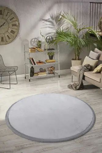 Вл Круглый Comfort Гладкий Бахромчатый Плюшевый Ковер Серый-Серый Гладкий Бахромчатый Круг - VALERY HOME (1)