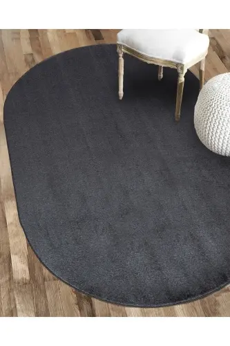 Vl Oval Comfort Overloklu Peluş Halı Antrasit - Saçaksız Antrasit 