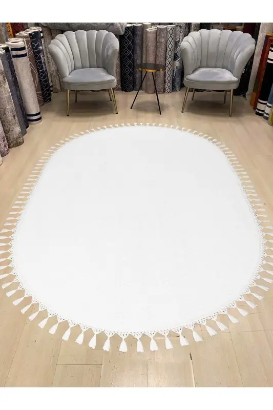 Vl Oval Comfort Плюшевый Ковер с Бахромой и Помпонами Белый - Овальный Белый с Бахромой - VALERY HOME