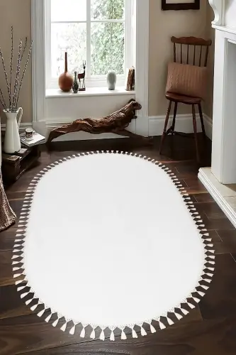 Vl Oval Comfort Плюшевый Ковер с Бахромой и Помпонами Белый - Овальный Белый с Бахромой - VALERY HOME (1)
