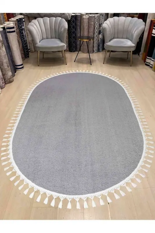 Vl Oval Comfort Плюшевый Ковер с Бахромой и Помпонами Серо-Овальный Серый с Бахромой - 1