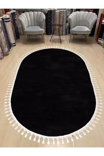 Vl Oval Comfort Плюшевый Ковер с Помпонами и Бахромой Черный-Овальный Черный с Бахромой 