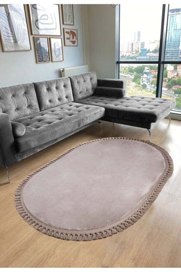 Vl Oval Comfort Pompom Tassel Plush Fur Rug Brown Carpet - 1