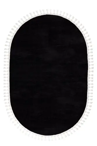 Vl Oval Comfort Pompon Fringe Plush Carpet Black-Fringed Oval Black - 2