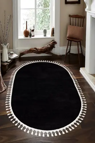 Vl Oval Comfort Pompon Fringe Plush Carpet Black-Fringed Oval Black - 3