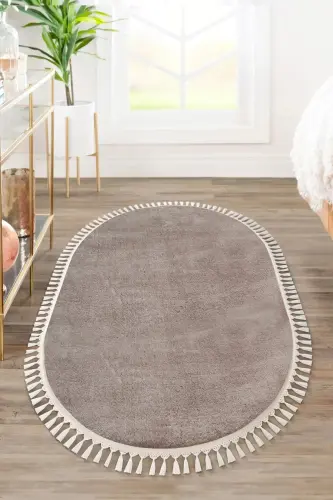 Vl Oval Comfort Pompon Tasseled Plush Rug Brown-Brown Pompon Tasseled Oval 