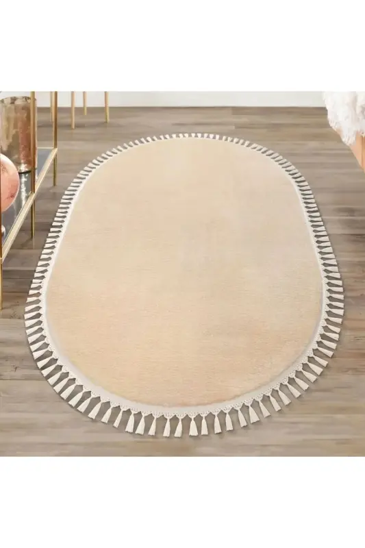 Vl Oval Comfort Ponpon Saçakлы Peluş Halı Bej-Saçakлы Oval Bej - VALERY HOME