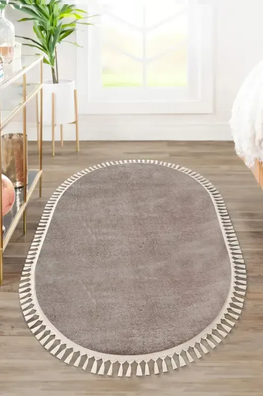 Vl Oval Comfort Ponpon Sochli Baxmal Gilam Jigarrang-Jigarrang Popon Sochli Oval - VALERY HOME