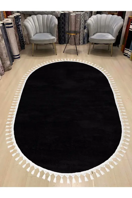 Vl Oval Comfort Ponpon Sochli Baxmal Gilam Qora-Sochli Oval Qora - 1