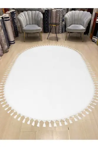 Vl Oval Comfort Ponpon Sochli Paxmoq Gilam Oq-Sochli Oval Oq 