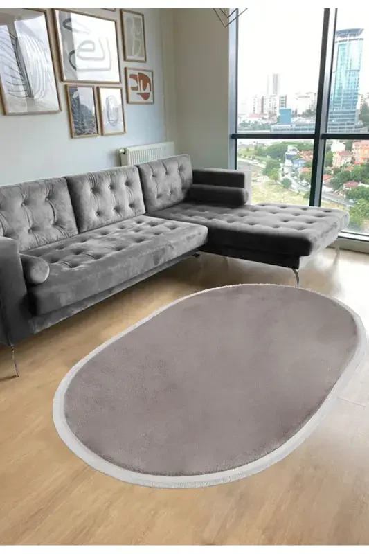 Vl Oval Comfort Tekis Sochli Peluş Gilam Jigarrang-Jigarrang Oval Tekis Soch - 2