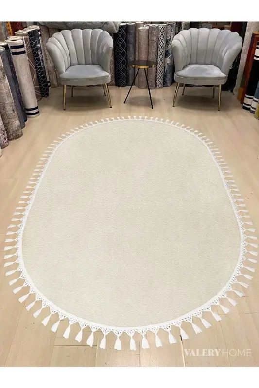 Vl Oval Konfor Pomponli va Tukli Plush Gilam Ekru - VALERY HOME