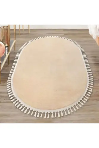 Vl Oval Comfort Ponpon Saçaklı Peluş Halı Bej - Saçaklı Oval Bej 