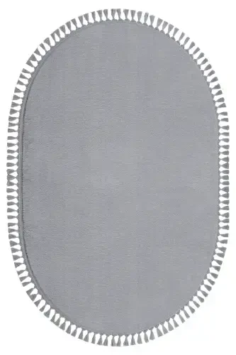 Vl Oval Comfort Ponpon Saçaklı Peluş Halı Gri Pon Pon Beyaz-Saçaklı Oval Gri - VALERY HOME (1)