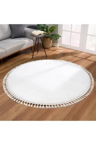 Vl Round Comfort Pompon Fringed Plush Carpet White-White Round 