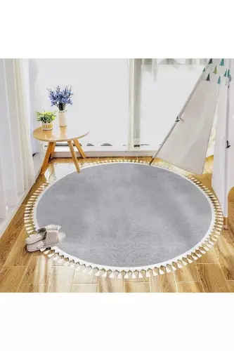 Vl Round Comfort Pompon Fringed Plush Rug Light Gray-Light Gray Round - 1