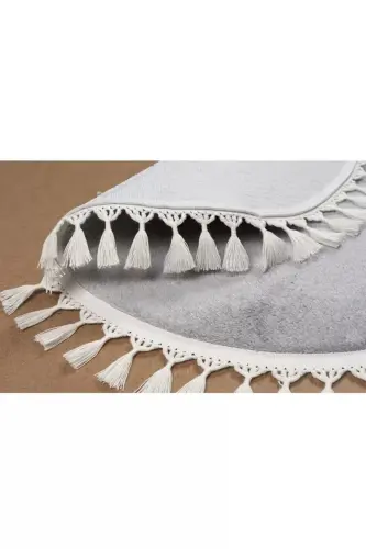 Vl Round Comfort Pompon Fringed Plush Rug Light Gray-Light Gray Round - 3