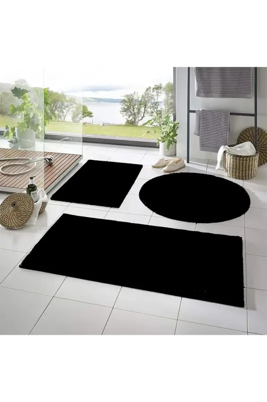 Vl Washable Non-Slip Base Plush Bathroom Rug Set of Three Black - VALERY HOME