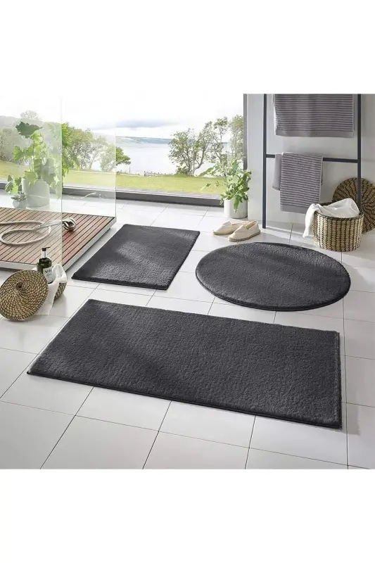 Vl Washable Non-Slip Base Post Plush Bathroom Rug Triple Set Anthracite-Anthracite - VALERY HOME