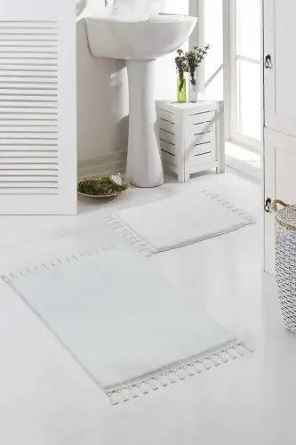Vl Washable Premium Pompom Fringe Anti-Slip Base Faux Fur Bath Mat Set of 2 White 