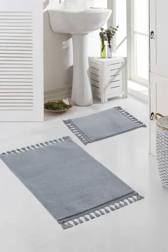 Vl Washable Premium Pompom Tassel Non-Slip Base Faux Fur Bath Rug Set of 2 Grey 