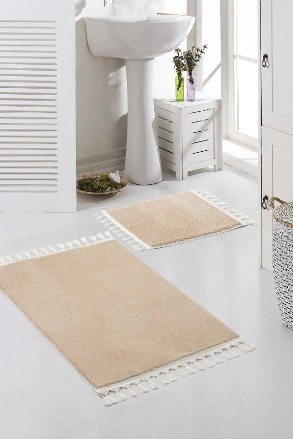 Vl Washable Premium White Pompom Fringe Non-Slip Base Fur Plush Bathroom Rug Set of 2 Mink - 8