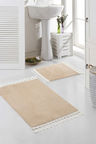 Vl Washable Premium White Pompom Fringe Non-Slip Base Fur Plush Bathroom Rug Set of 2 Mink - 1