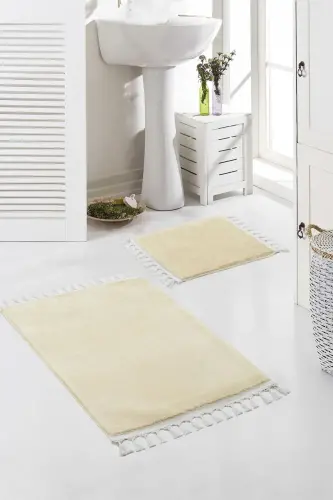 Vl Yıkanabilir Premium Ponpon Saçaklı Kaymaz Taban Post Peluş Banyo Paspası 2'li Takım Ekru - BEJ 
