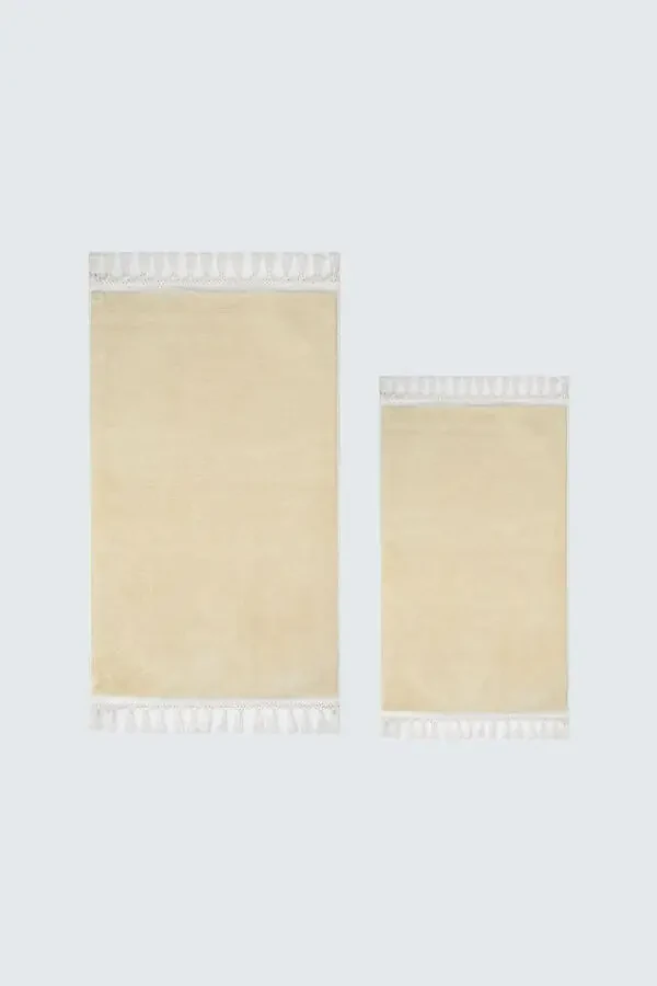 Vl Yıkanabilir Premium Ponpon Saçaklı Kaymaz Taban Post Peluş Banyo Paspası 2'li Takım Bej-BEJ - 9