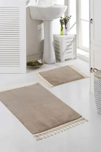 Vl Yıkanabilir Premium Ponpon Saçaklı Kaymaz Taban Post Peluş Banyo Paspası 2'li Takım Kahverengi - Kahverengi 