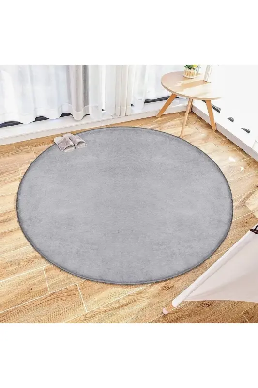 Vl Yuvarlak Comfort Overloklu Peluş Halı Gri - Gri Overloklu Daire - 2