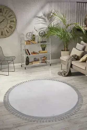 Vl Yuvarlak Comfort Ponpon Saçaklı Peluş Halı Gri-Gri Ponpon Saçaklı Daire - VALERY HOME (1)