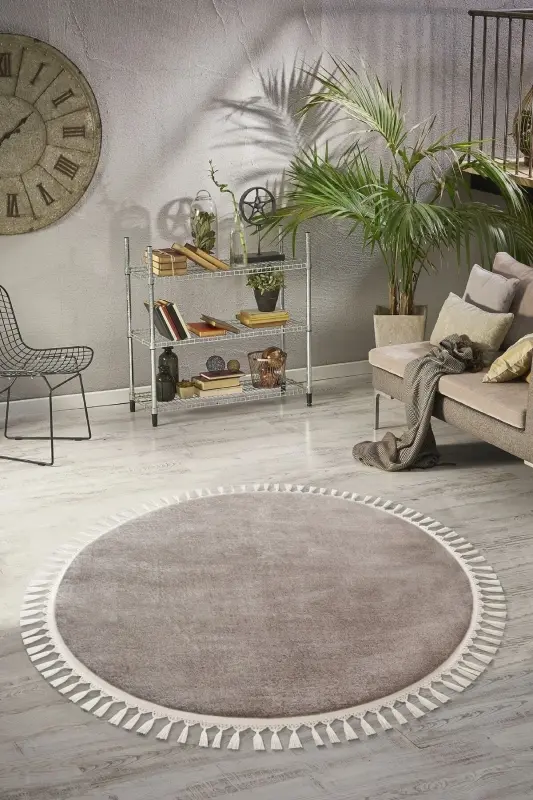 Vl Yuvarlak Comfort Ponpon Saçaklı Peluş Halı Kahverengi-Kahverengi Ponpon Saçaklı Daire - 1