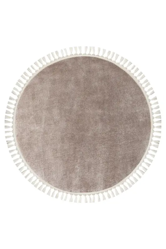 Vl Yuvarlak Comfort Ponpon Saçaklı Peluş Halı Kahverengi-Kahverengi Ponpon Saçaklı Daire - 3