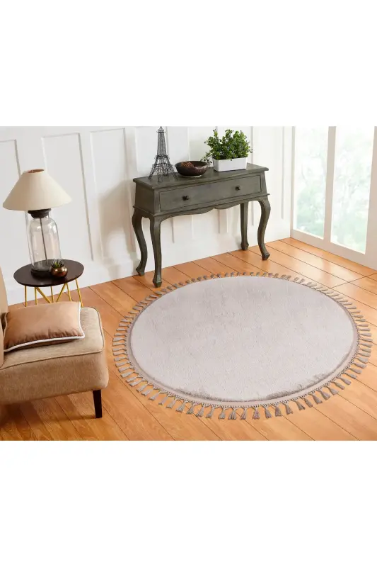 Vl Yuvarlak Comfort Ponpon Saçaklı Peluş Post Halı Kahverengi Halı-Yuvarlak Kahve P.Saçak - VALERY HOME