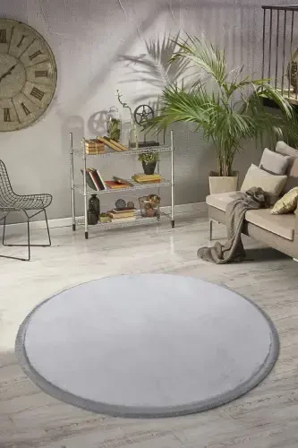 Vl Yuvarlak Comfort Düz Saçaklı Peluş Halı Gri-Gri Düz Saçaklı Daire - VALERY HOME (1)