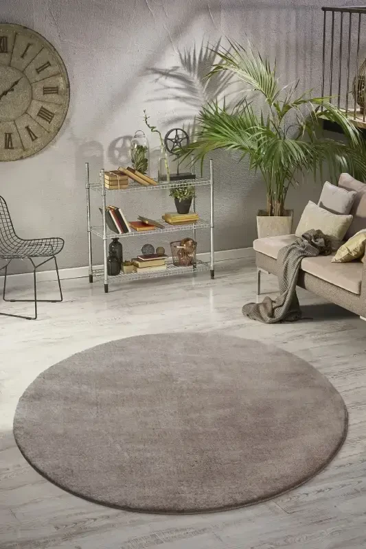 Vl Yuvarlak Comfort Overloklu Peluş Halı Kahverengi-Saçaksız Kahverengi Daire - 1