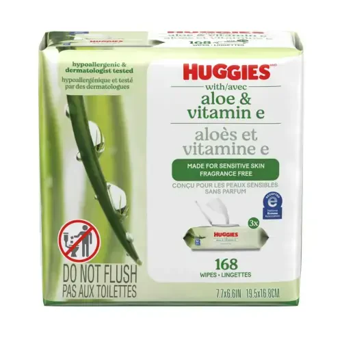 Влажные салфетки Huggies Aloe & Vitamin E для чувствительной кожи, без запаха, 3 упаковки с крышкой (всего 168 шт.) - 1