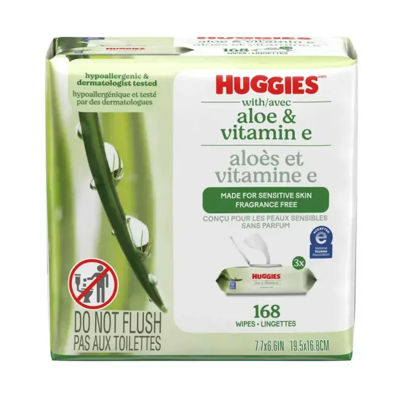 Влажные салфетки Huggies Aloe & Vitamin E для чувствительной кожи, без запаха, 3 упаковки с крышкой (всего 168 шт.) - 1