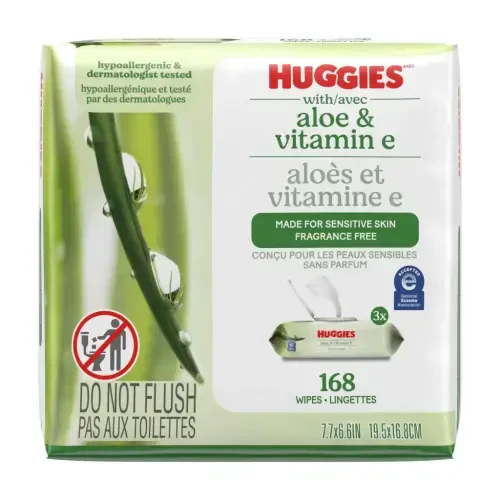 Влажные салфетки Huggies Aloe & Vitamin E для чувствительной кожи, без запаха, 3 упаковки с крышкой (всего 168 шт.) - HUGGIES (1)
