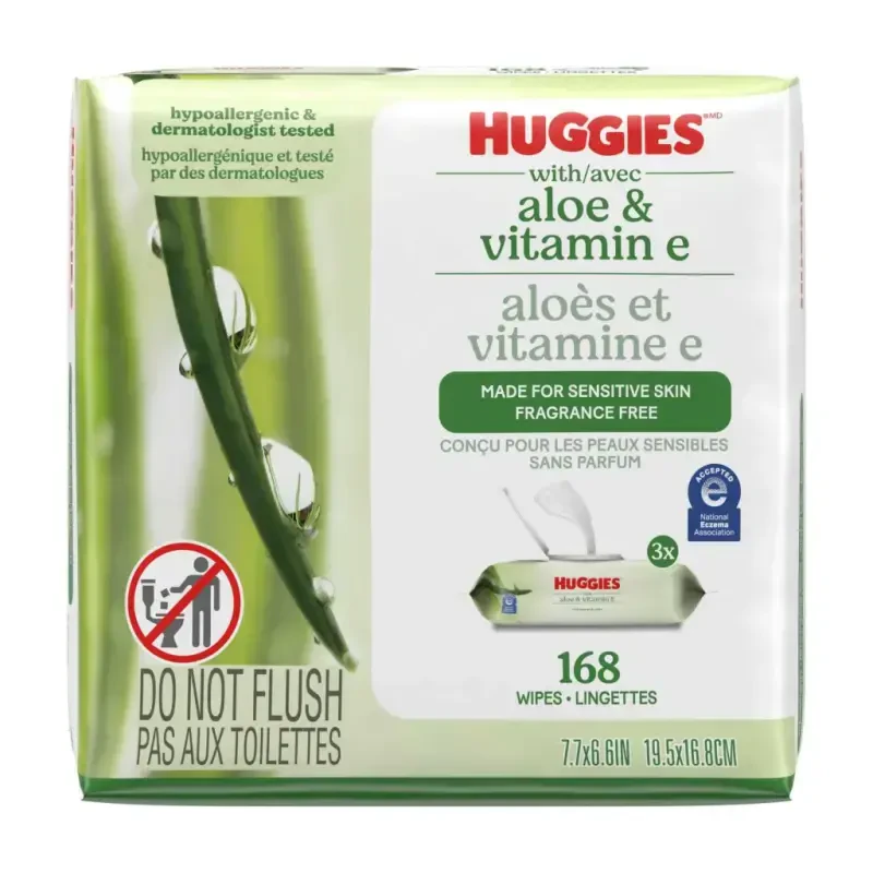 Влажные салфетки Huggies Aloe & Vitamin E для чувствительной кожи, без запаха, 3 упаковки с крышкой (всего 168 шт.) - 2