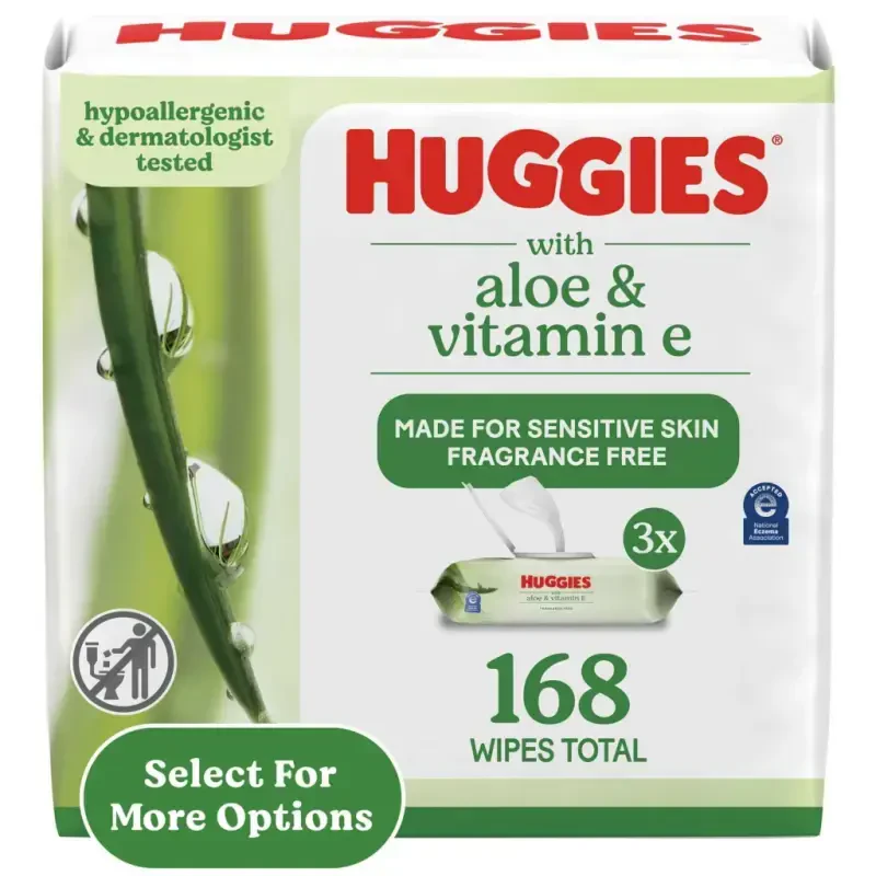 Влажные салфетки Huggies Aloe & Vitamin E для чувствительной кожи, без запаха, 3 упаковки с крышкой (всего 168 шт.) - 7