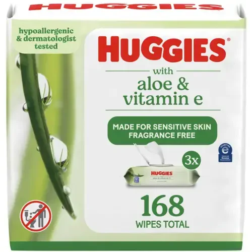 Влажные салфетки Huggies Aloe & Vitamin E для чувствительной кожи, без запаха, 3 упаковки с крышкой (всего 168 шт.) - 9