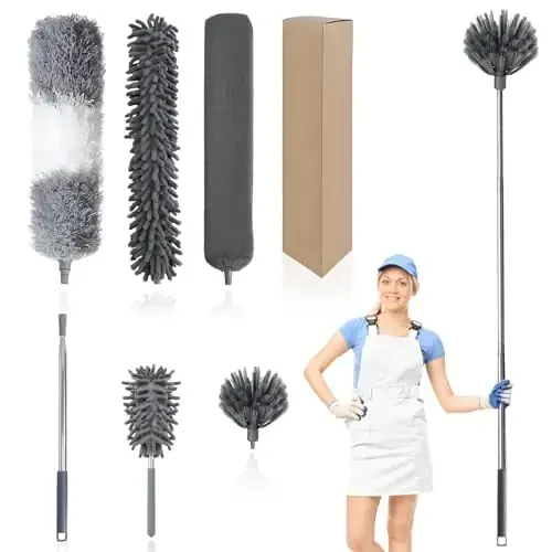 VNJOBAS Ceiling Fan Cleaner Duster,Extendable High Duster with 2m Retractable Pole and Washable Microfiber Heads, Ideal for Home and Commercial Cleaning in Hard-to-Reach Areas (6) - VNJOBAS