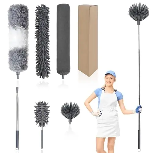 VNJOBAS Ceiling Fan Cleaner Duster,Extendable High Duster with 2m Retractable Pole and Washable Microfiber Heads, Ideal for Home and Commercial Cleaning in Hard-to-Reach Areas (6) - VNJOBAS